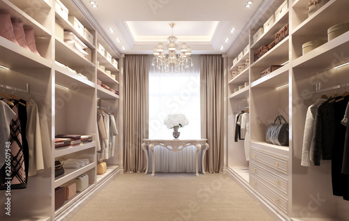 Beige luxury dressing room with crystal chandelier photo