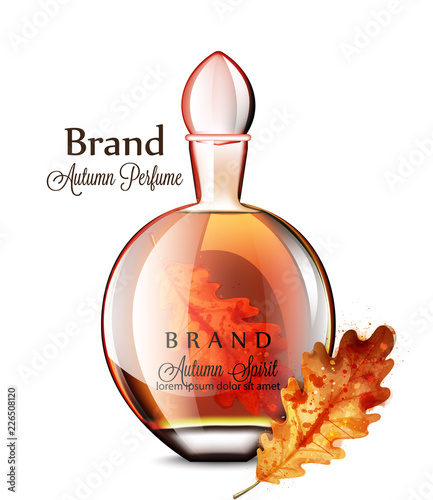 Perfume vial Vector realistic. Grapes flavor. Product placement mock up bottl...