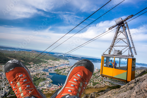 Ulriken cable railway with hiking boots in Bergen, Norway. photo