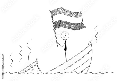 Cartoon stick drawing conceptual illustration of politician standing depressed on sinking boat waving the flag of Kingdom of the Netherlands or Holland.