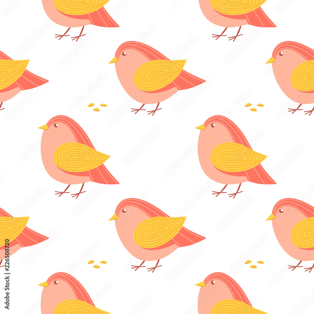 Birds cartoon peck grain, seamless pattern. Vector illustration. Birds cartoon peck grain, seamless pattern. Vector illustration.