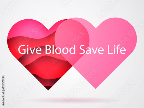 Two  blood hearts with 3d paper cut effect. Give blood save life concept. Vector illustration