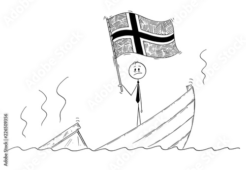 Cartoon stick drawing conceptual illustration of politician standing depressed on sinking boat waving the flag of Kingdom of Norway.