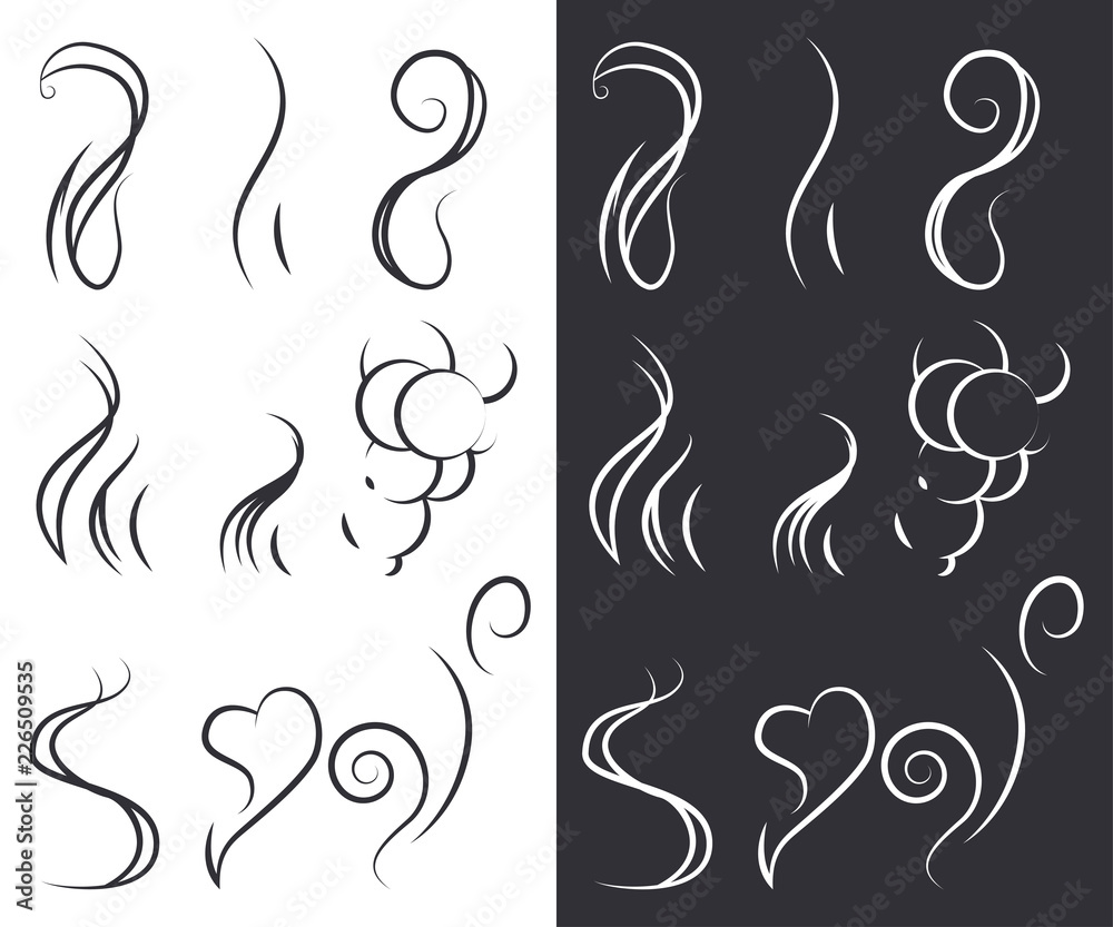 Steam and smoke vector line icons set isolated on white and black ...