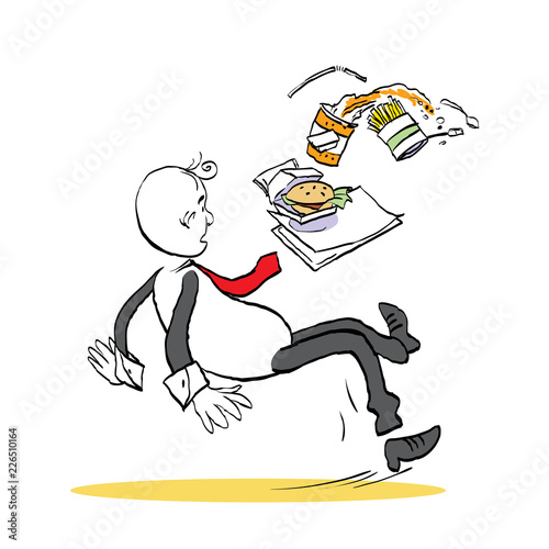 Young waiter Dropping trays. Waiter falling down.