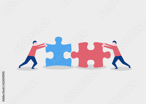 Two flat style people connecting puzzle elements. Business, teamwork and partnership concept. Vector illustration