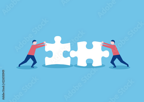 Two flat style people connecting puzzle elements. Business, teamwork and partnership concept. Vector illustration