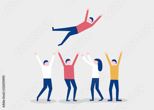 Group of people tossing in the air winner and celebrating victory achievement throwing colleague up in the air. Flat vector illustration
