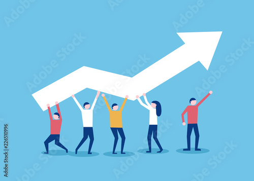 Little people raise a red chart arrow. Teamwork and success concept. Vector illustration