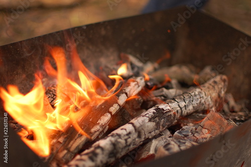 Wooden firewood is burning on the grill. Charcoal is burning on the grill
