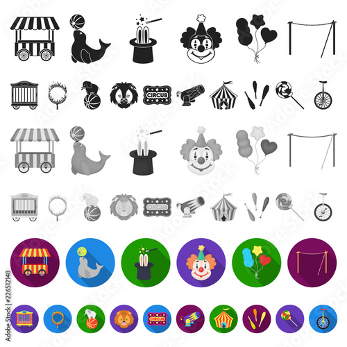 Circus and attributes flat icons in set collection for design. Circus Art vector symbol stock web illustration.