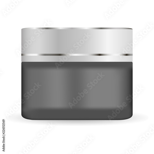 Round black matt glass jar with plastic lid for cosmetics - body cream, butter, scrub, bath salt, gel, skin care, powder. Realistic 3d packaging mockup template.