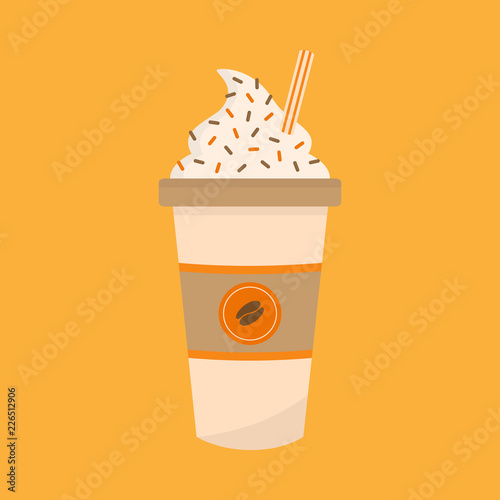 Pumpkin spice latte vector graphic illustration. Cute autumn, fall decorated paper cup of coffee with whipped cream, sprinkles and striped straw. Pumpkin spice coffee icon, isolated.