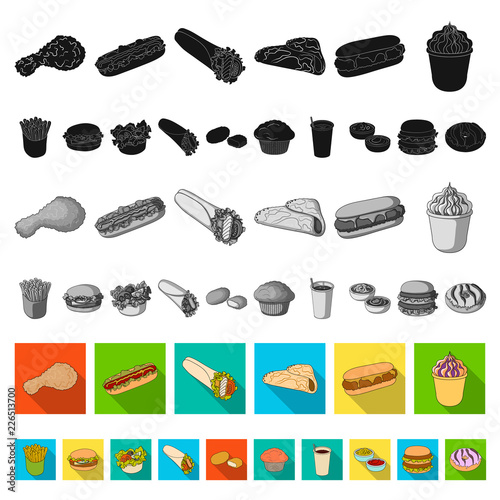 Fast food flat icons in set collection for design.Food from semi-finished products vector symbol stock web illustration.