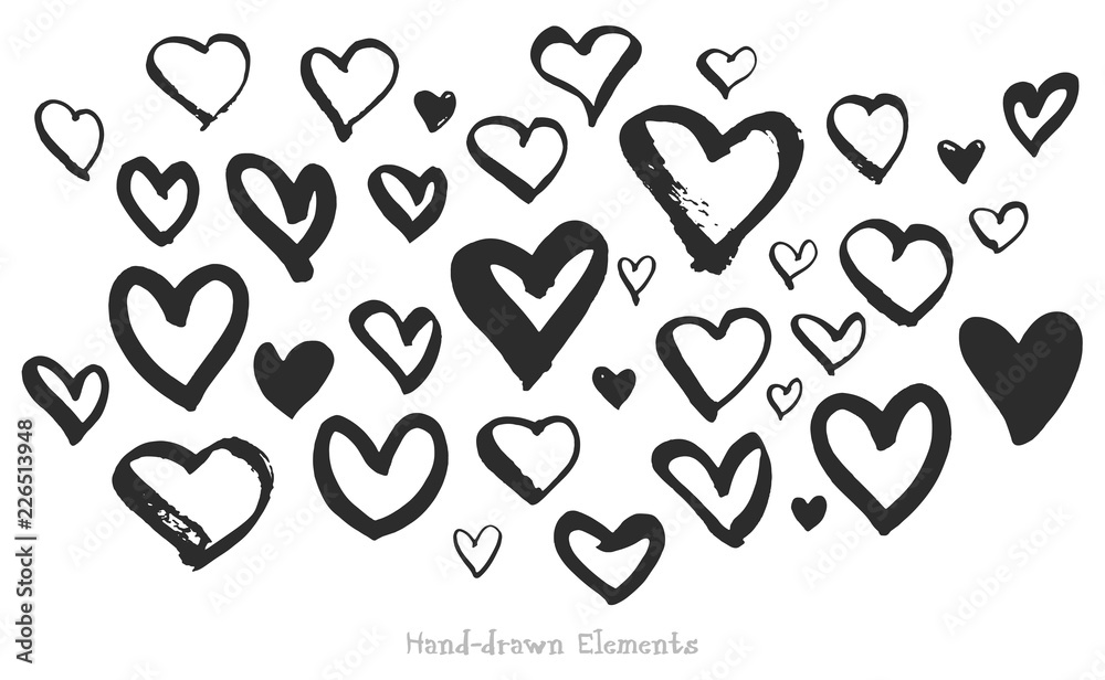 Vector set of heart shapes made by hand with ink brush. Isolated on white