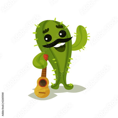 Friendly humanized cactus black mustache and guitar. Funny green succulent plant. Flat vector for poster or postcard