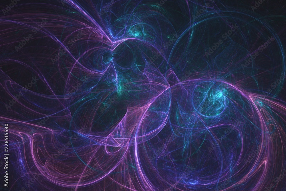 Abstract blue light and laser beams, fractals  and glowing shapes  multicolored art background texture for imagination, creativity and design.