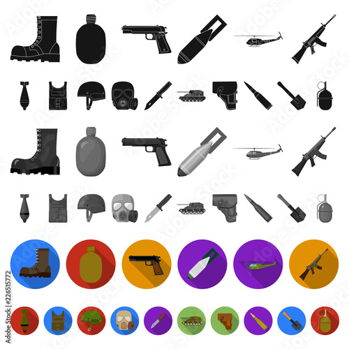Army and armament flat icons in set collection for design. Weapons and equipment vector symbol stock web illustration.
