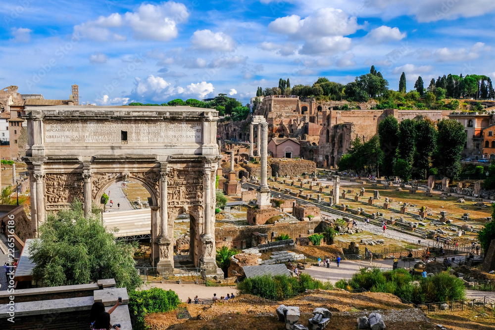 View of the Roman Forums, Septimus Severus Triumphal Arch and Palatine. Ruins of Ancient Rome.
