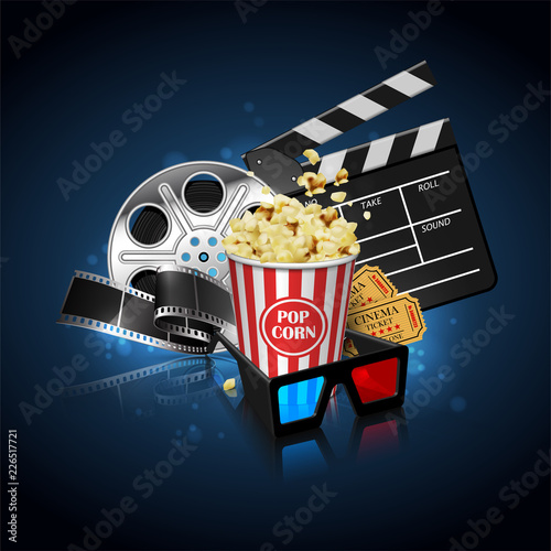 Illustration for the film industry. Popcorn, reel, film and clapperboard. Highly detailed illustration