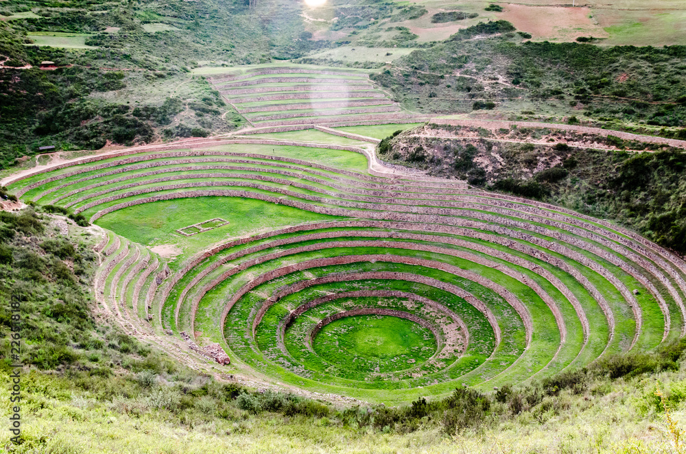 Full view of the ancient constructions that were used for agriculture in Moray, Peru Full view of the ancient constructions that were used for agriculture in Moray, Peru