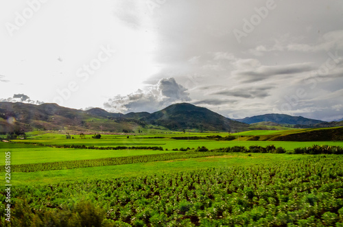 Green fields planted with clouds and mountains on the road to Moray, Peru