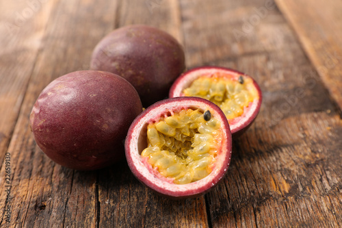 passion fruit on wood background photo