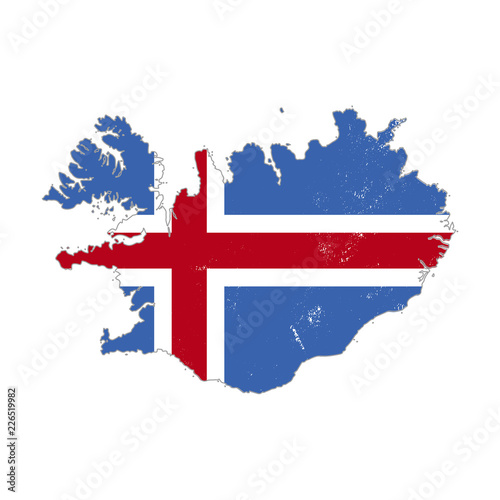Iceland country silhouette with flag on background, isolated on white