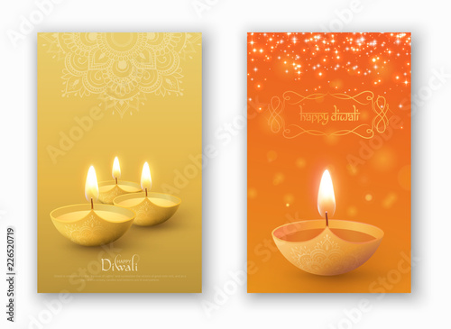 Happy Diwali cards with oil lamps and traditional mandala pattern.