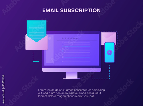 Email subscription. Landing page template with mobile devices.