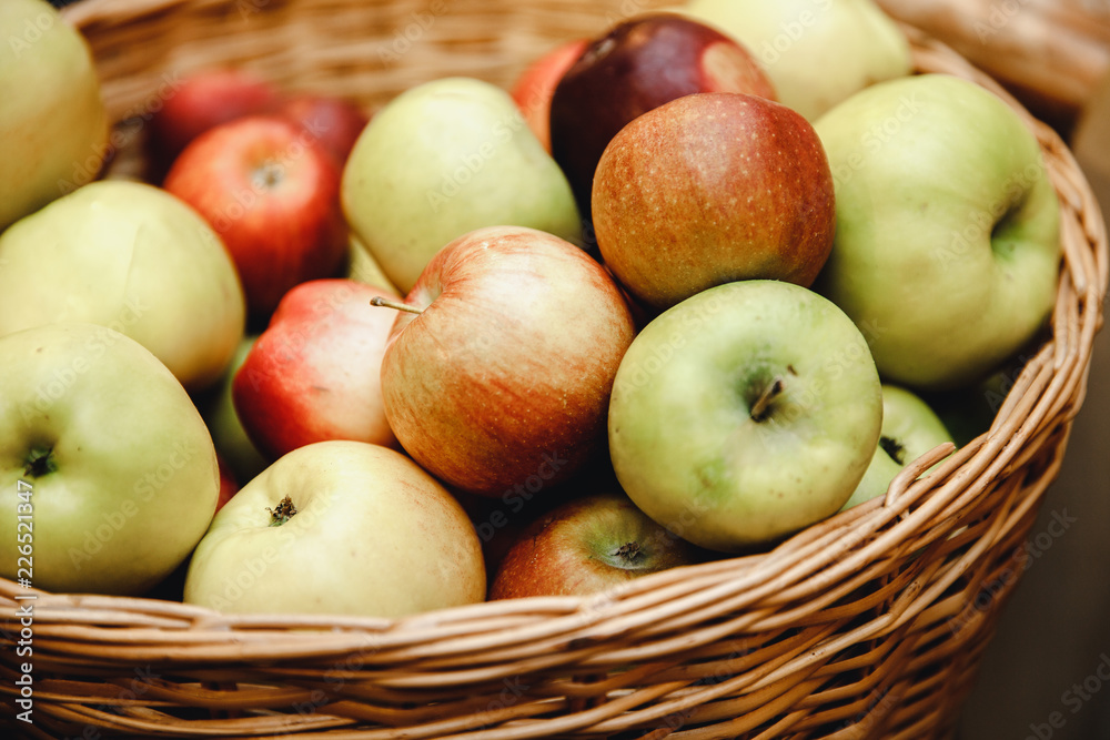 Juicy apples in rustic boxes autumn background. Juicy apples in rustic boxes autumn background.