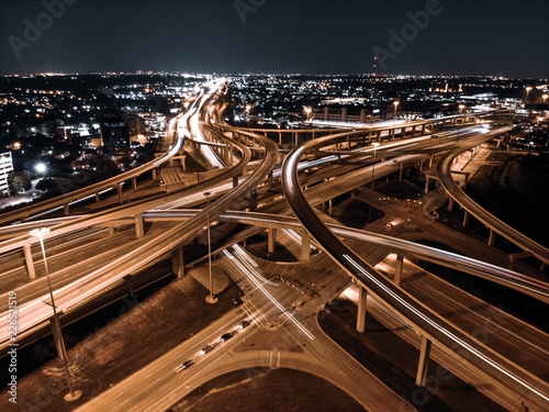 Long Exposure Aerial View of the Famous High-Five Interchange in Dallas Texas at Night photo