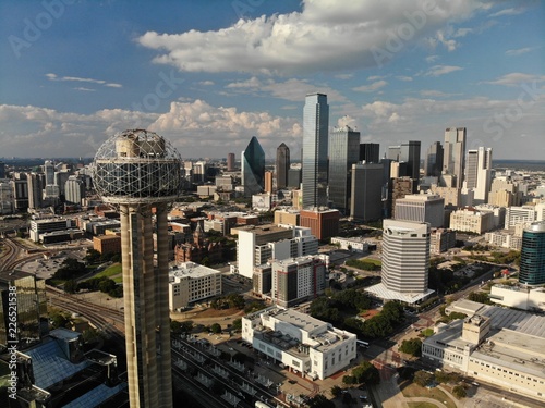 Aerial View of Reunion Tower and Dallas Skyline on a Cloudy Day