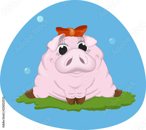 Cute pink plump piggy with a bow sits on the grass and dreams