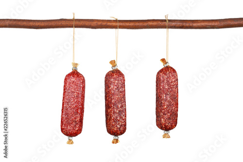 mini salami sausages isolated on white background
