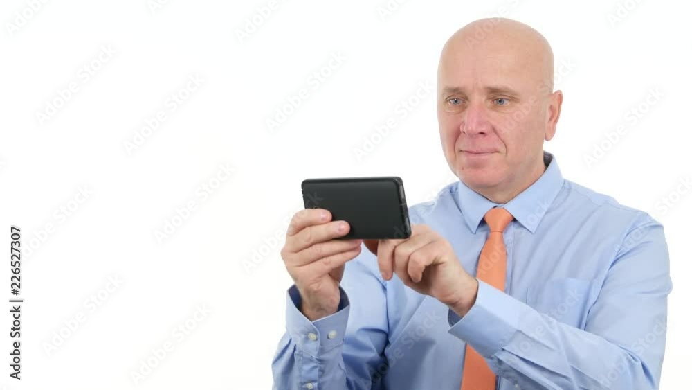 Happy Businessman Gesticulate Astonished Reading Financial Good News on Mobile Happy Businessman Gesticulate Astonished Reading Financial Good News on Mobile