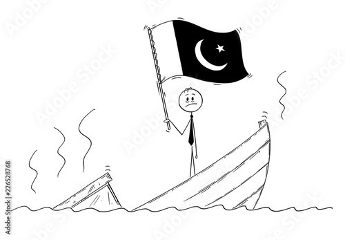 Cartoon stick drawing conceptual illustration of politician standing depressed on sinking boat waving the flag of Islamic Republic of Pakistan.
