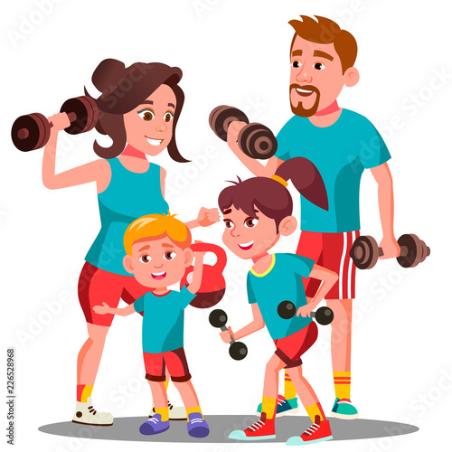 Sports Family, Parents And Children Doing Sports Outdoor Vector. Isolated Illustration