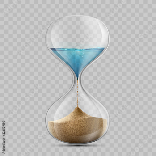 Water in hourglass becomes a sand. Sandglass isolated on transparent background.