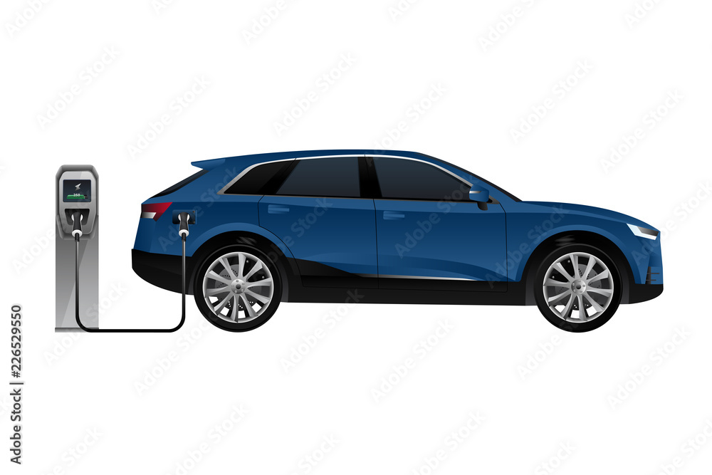 Naklejka premium Elektryczny SUV ładuje się ze stacji ładującej. Ilustracja wektorowa Eps 10