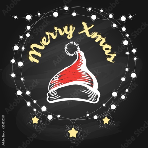 Santa claus hat poster. Merry xmax sketch placard with garland on chalkboard, vector illustration