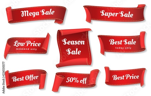 Sale ribbons. Red ribbons price badges isolated on white background, glossy cheap sales tags collection or promotion vector labels