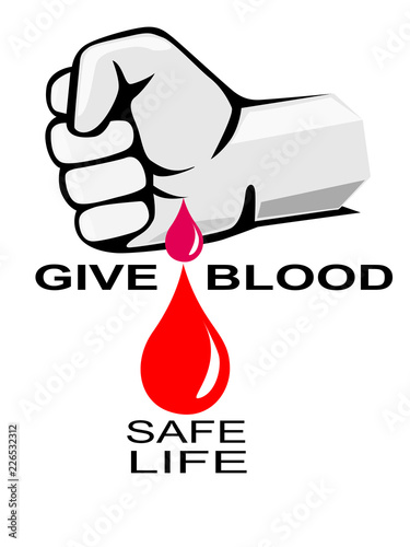 Fist squeezing blood with drop of bloods vecor graphic.Blood donation logo.