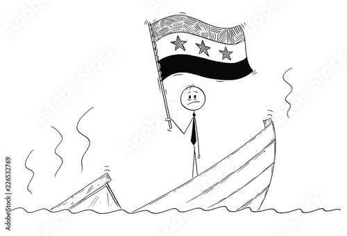 Cartoon stick drawing conceptual illustration of politician standing depressed on sinking boat waving the flag of Syrian Arab Republic or Syria.