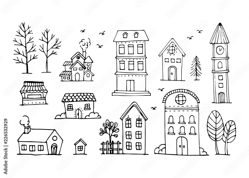 Vector set of hand draw house, building