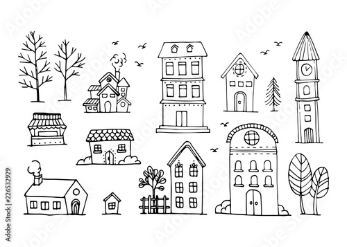 Vector set of hand draw house, building