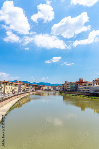 View from a bridge on river Arno in Italy Tuscany town Pisa
