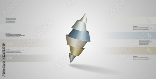 3D illustration infographic template with two spiked cone divided to six parts and askew arranged