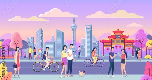 Beautiful  asia city landscape with walking people vector flat illustration