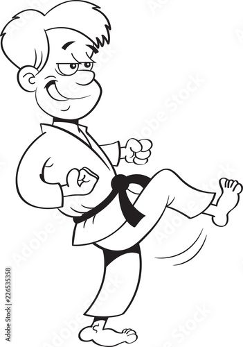 Black and white illustration of a boy in a karate suit kicking.